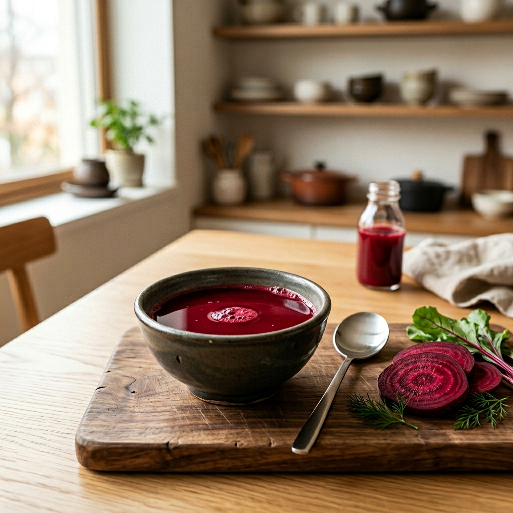 비트즙과 잘라 놓은 생비트 조각이 한국식 도마 위에 놓인 모습