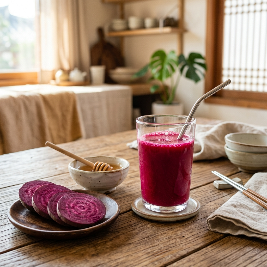 사과 비트 당근으로 만든 ABC 주스와 비트 슬라이스가 한식 테이블 위에 놓인 장면