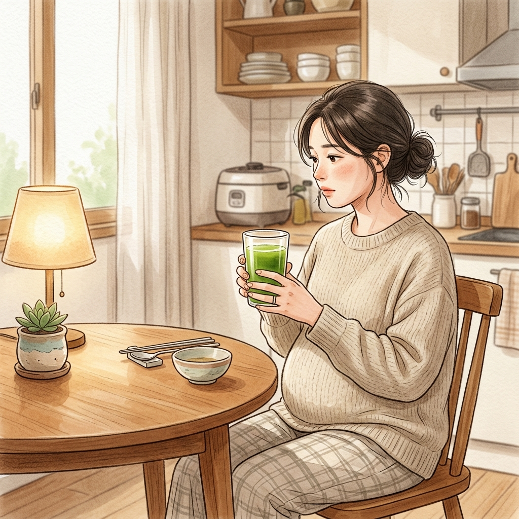 샐러리 주스를 앞에 두고 망설이는 한국 임산부의 모습