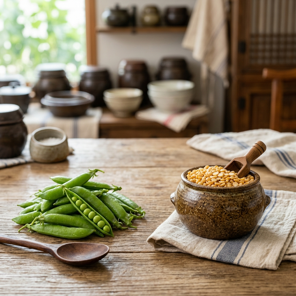 생 완두콩 꼬투리와 마른 완두콩을 나란히 비교한 장면