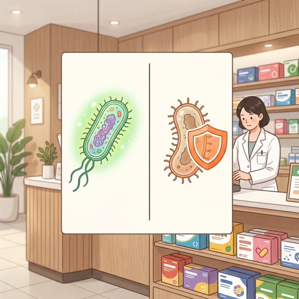 생균과 사균체 유산균의 작용 원리 차이를 보여주는 일러스트