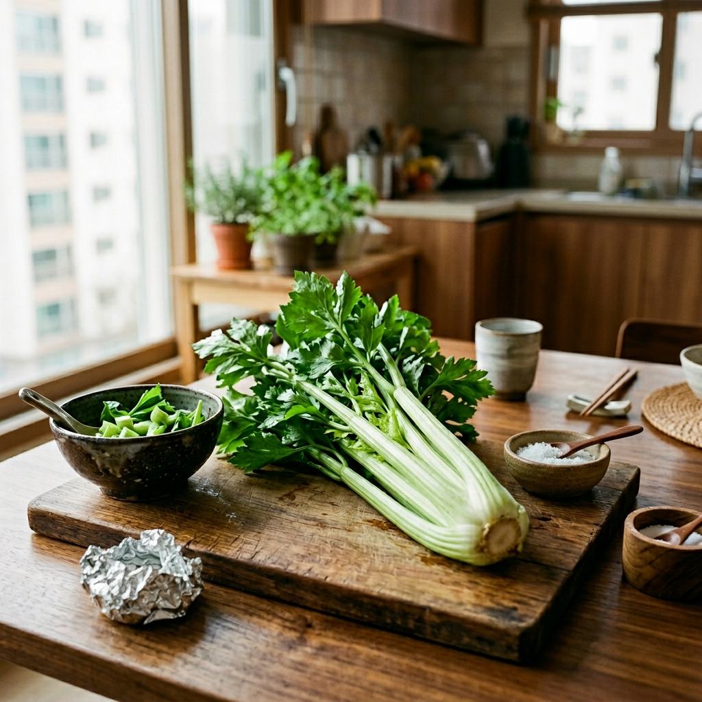 셀러리 보관법을 위해 도마 위에 올린 신선한 셀러리 한 단과 알루미늄 호일