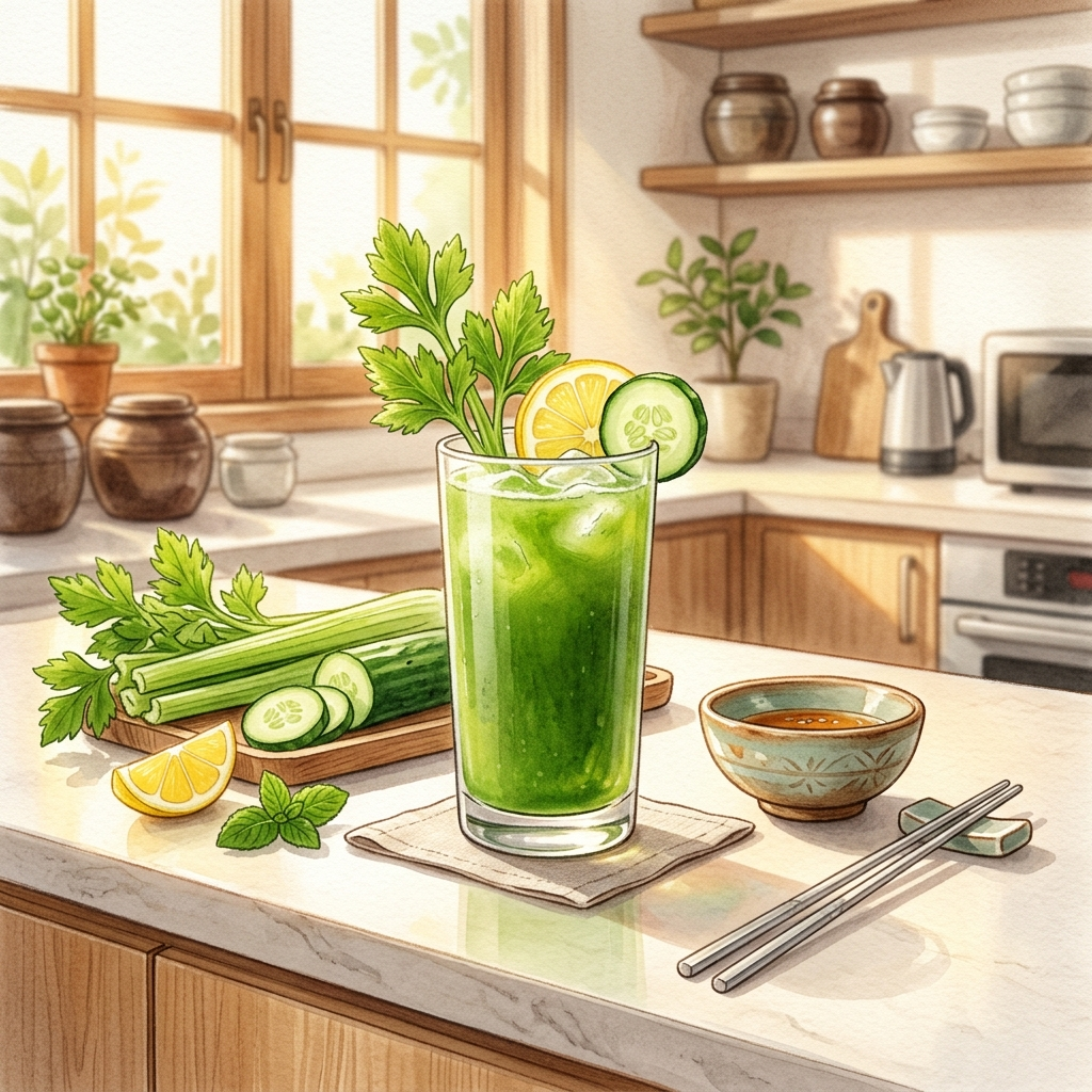 셀러리 상극 음식과 오이를 함께 간 초록색 주스가 담긴 유리잔과 재료들이 놓인 한국식 주방 풍경