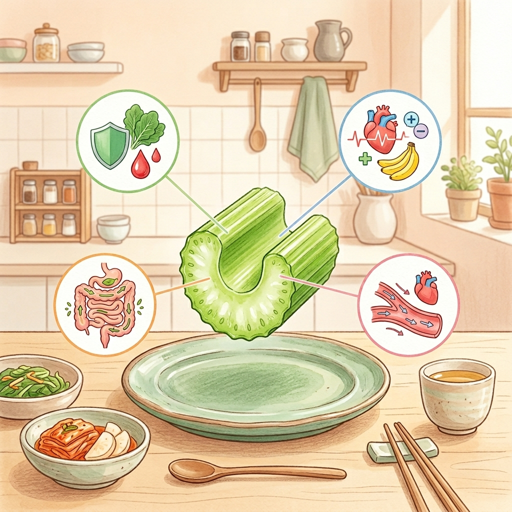 셀러리 줄기에 들어 있는 비타민K 칼륨 식이섬유 등 주요 영양소를 보여주는 일러스트