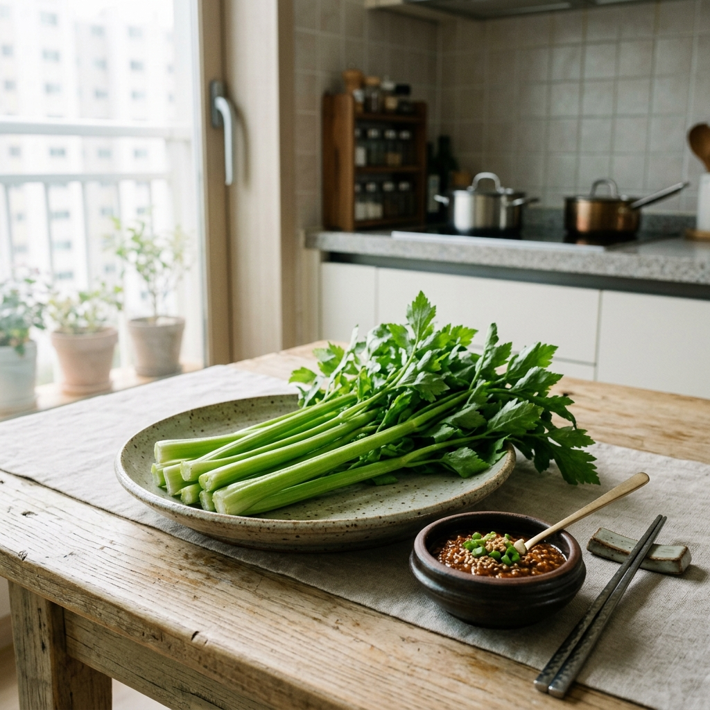 셀러리 효능을 알려주는 싱싱한 셀러리 줄기와 잎이 한국식 도자기 접시 위에 놓인 모습