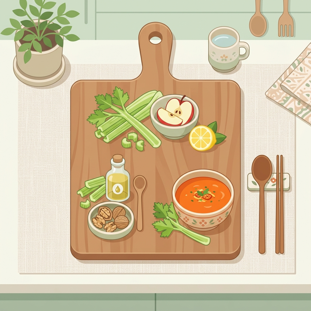 셀러리와 사과·레몬·올리브오일·토마토 등 궁합 좋은 음식들을 한자리에 모은 인포그래픽 이미지