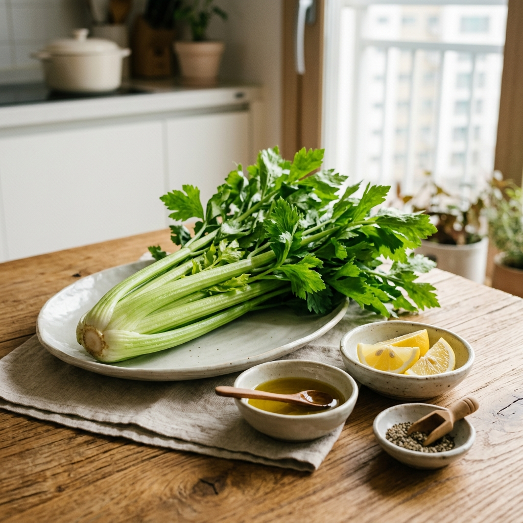 셀러리와 사과를 함께 갈아 만든 건강 주스가 유리잔에 담긴 모습