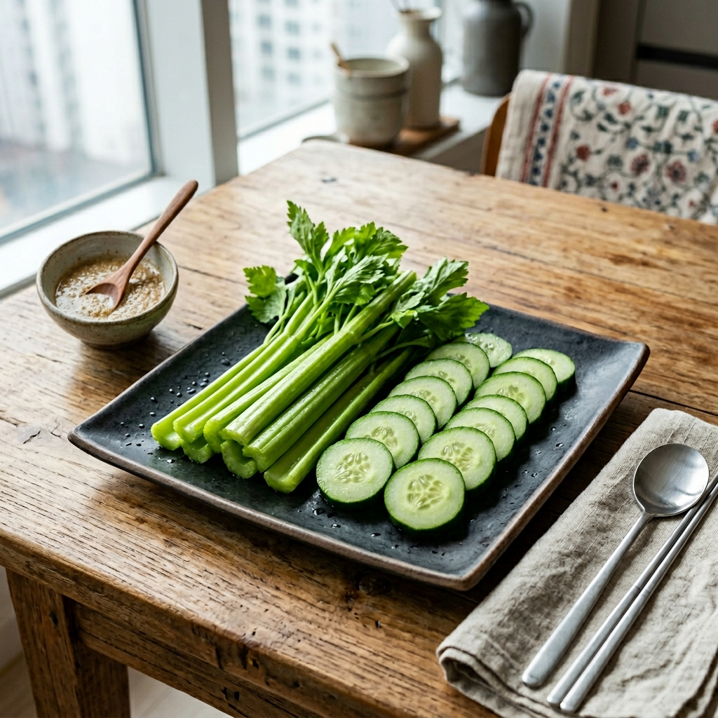 셀러리와 오이를 한 접시에 담아 비교해 놓은 한국식 식탁 위 클로즈업 사진