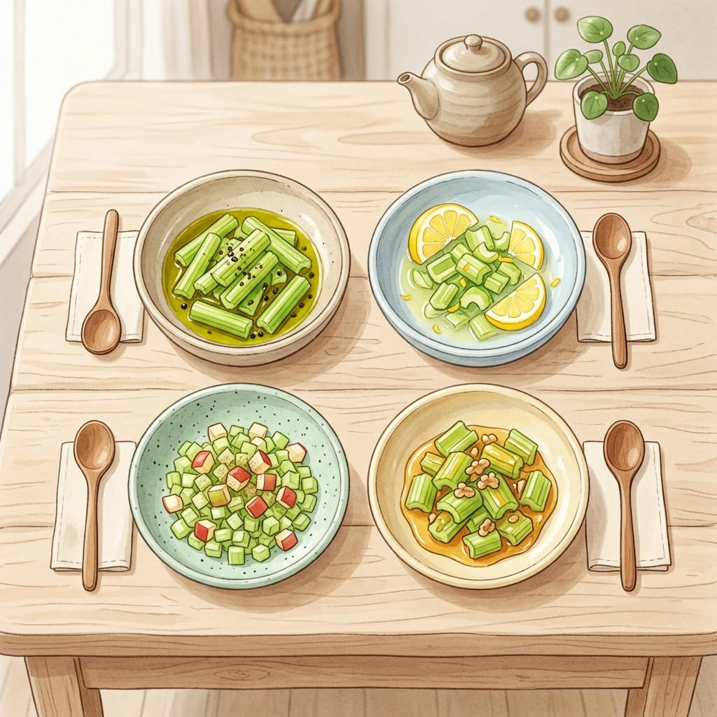 셀러리와 올리브오일 레몬 사과 꿀 궁합 음식 비교 일러스트