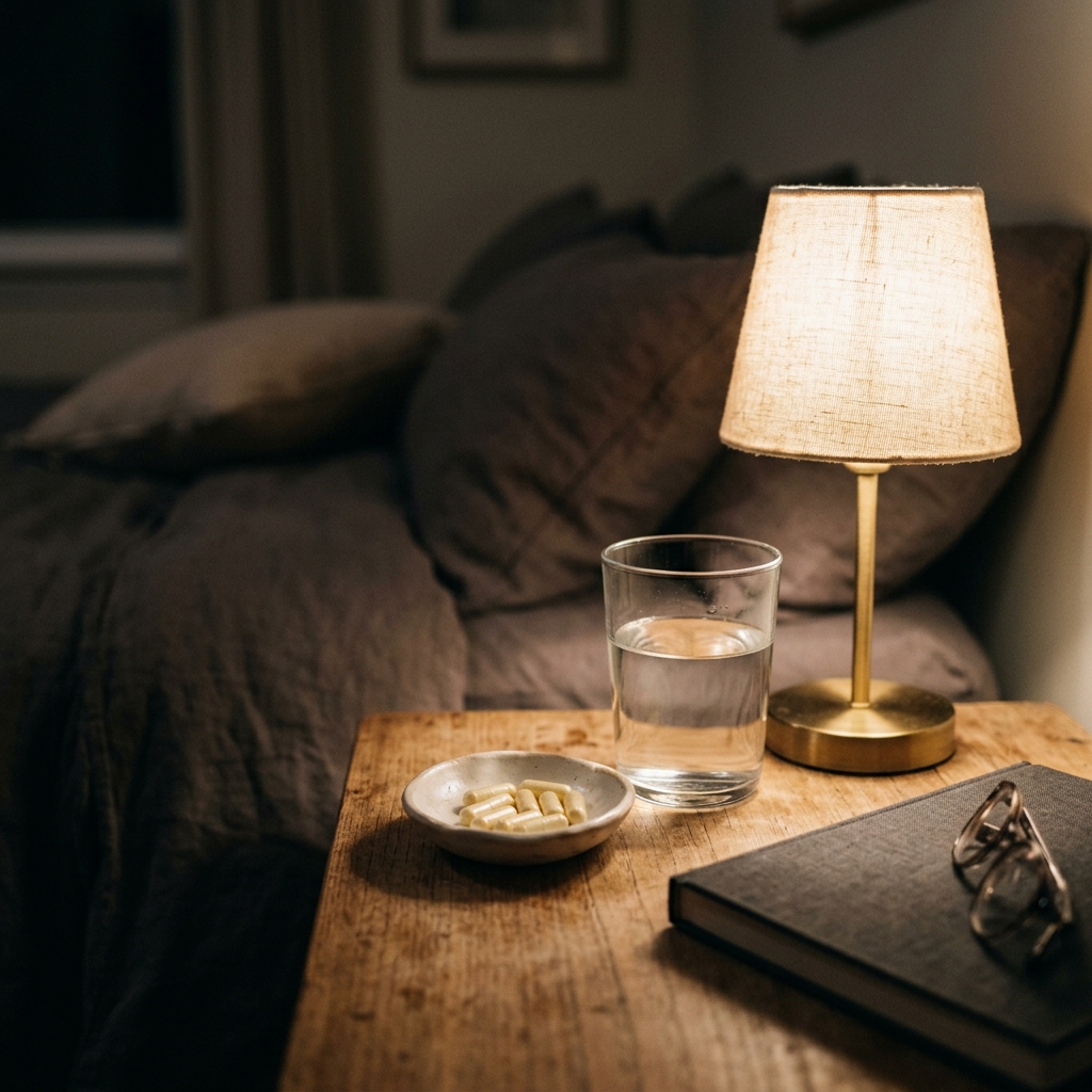수면에-좋은-마그네슘-영양제와-물컵이-놓인-침실-협탁