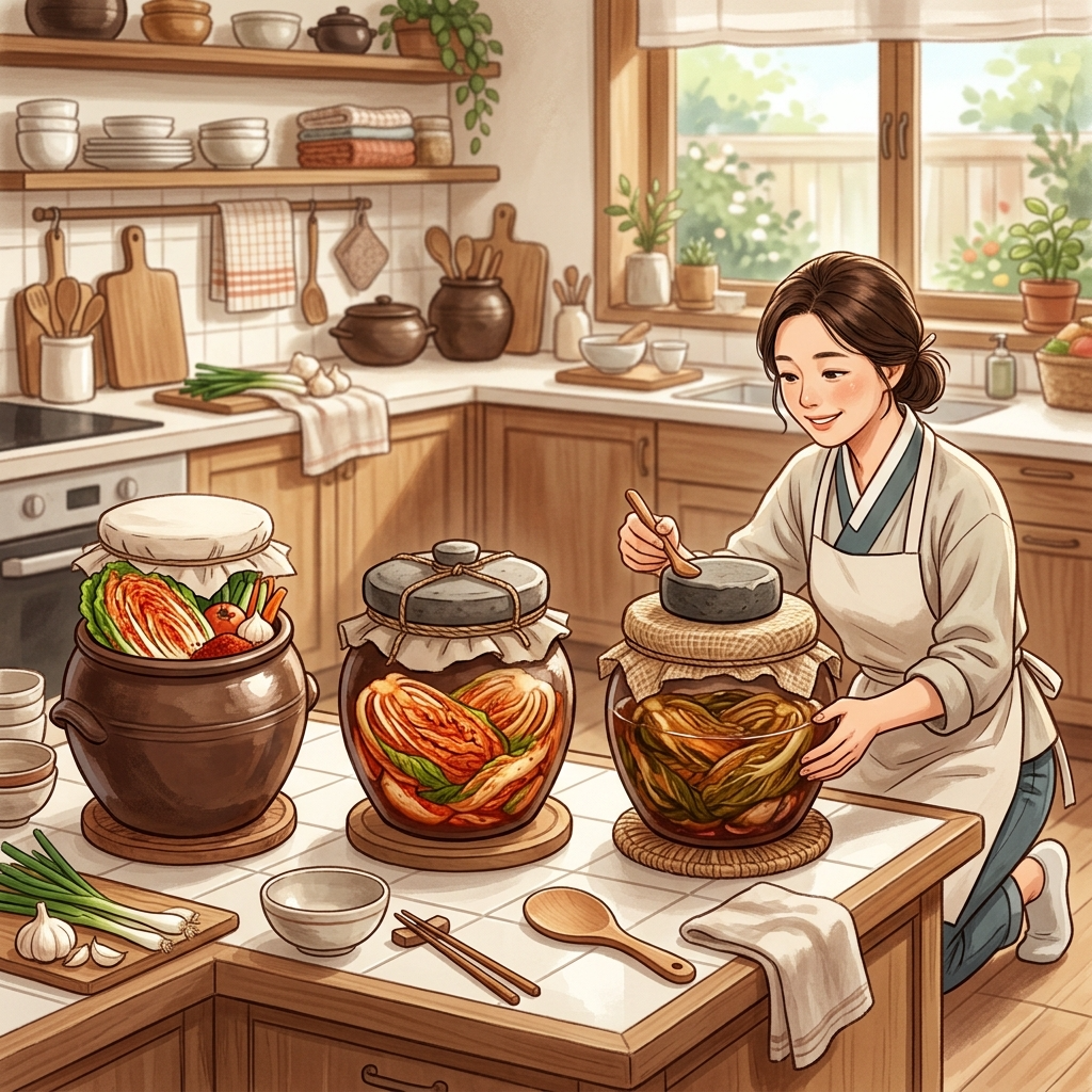 유산균 김치로 충분한가, 매일 먹어도 부족할 수 있는 이유 2 숙성 단계별로 나열된 한국 김치의 유산균 변화를 보여주는 일러스트