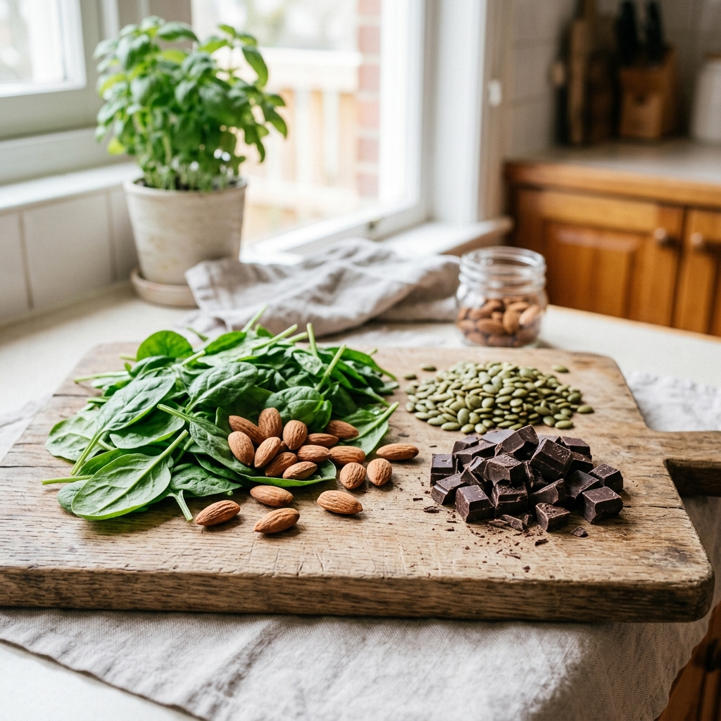 시금치-아몬드-호박씨-등-마그네슘이-풍부한-식품-모음