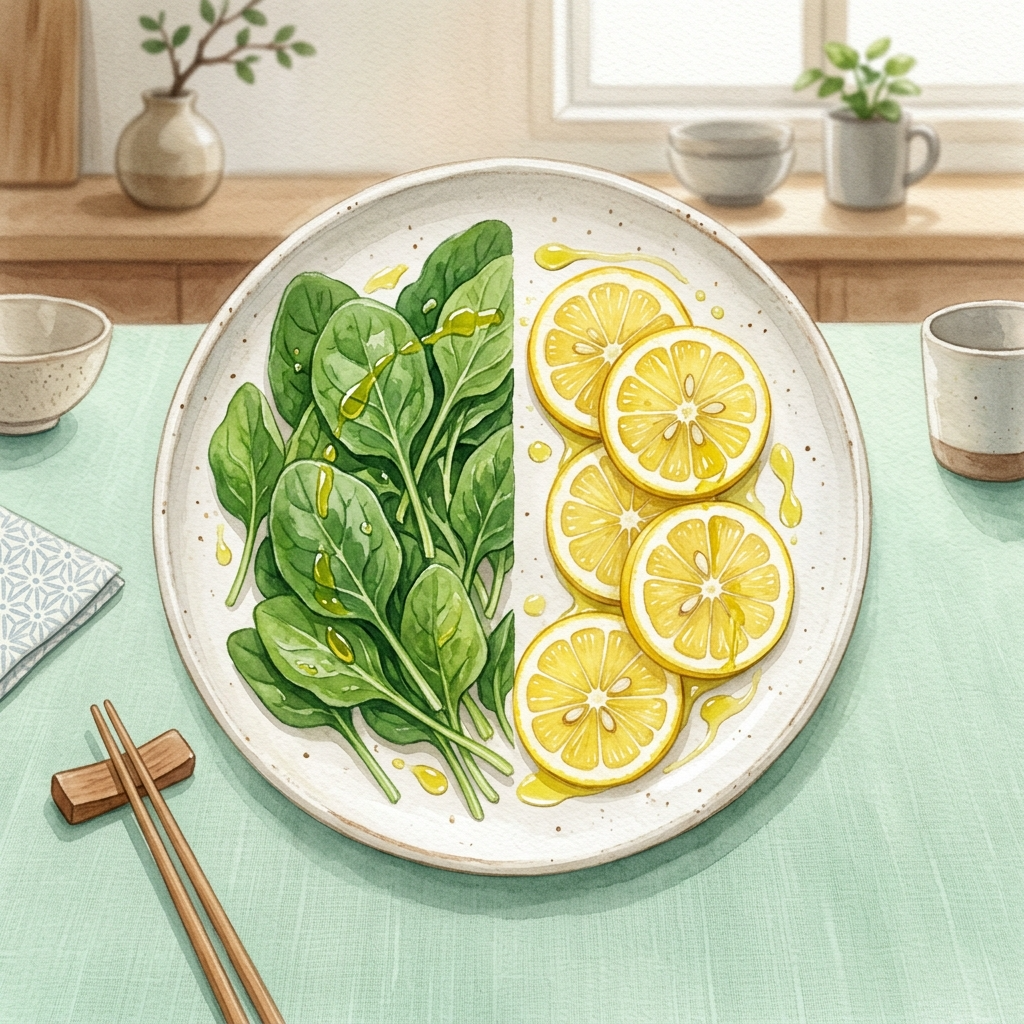 시금치와 레몬이 올리브유와 함께 놓인 한국식 접시 위 영양 궁합 일러스트