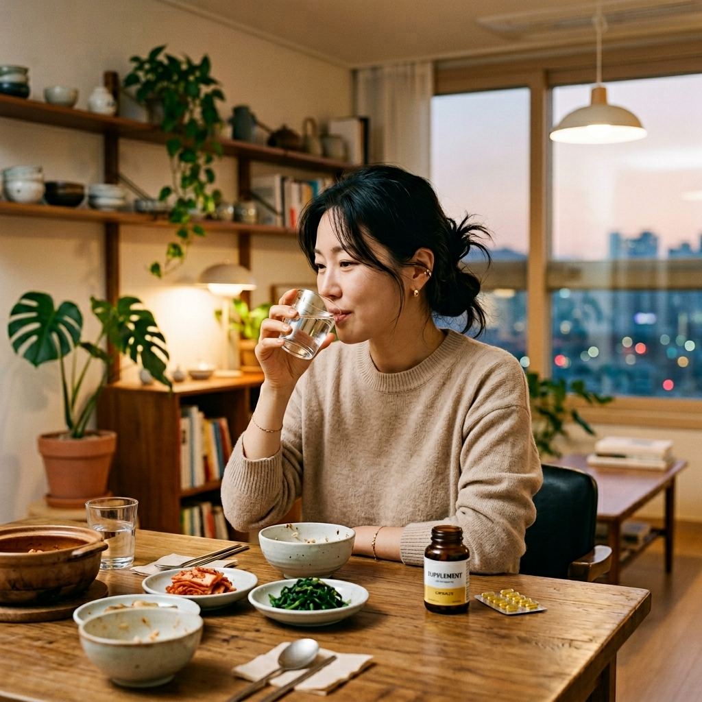 마그네슘 먹으면 설사, 형태를 바꾸면 해결될 수 있다 4 식후에 마그네슘 영양제를 물과 함께 복용하는 한국 여성