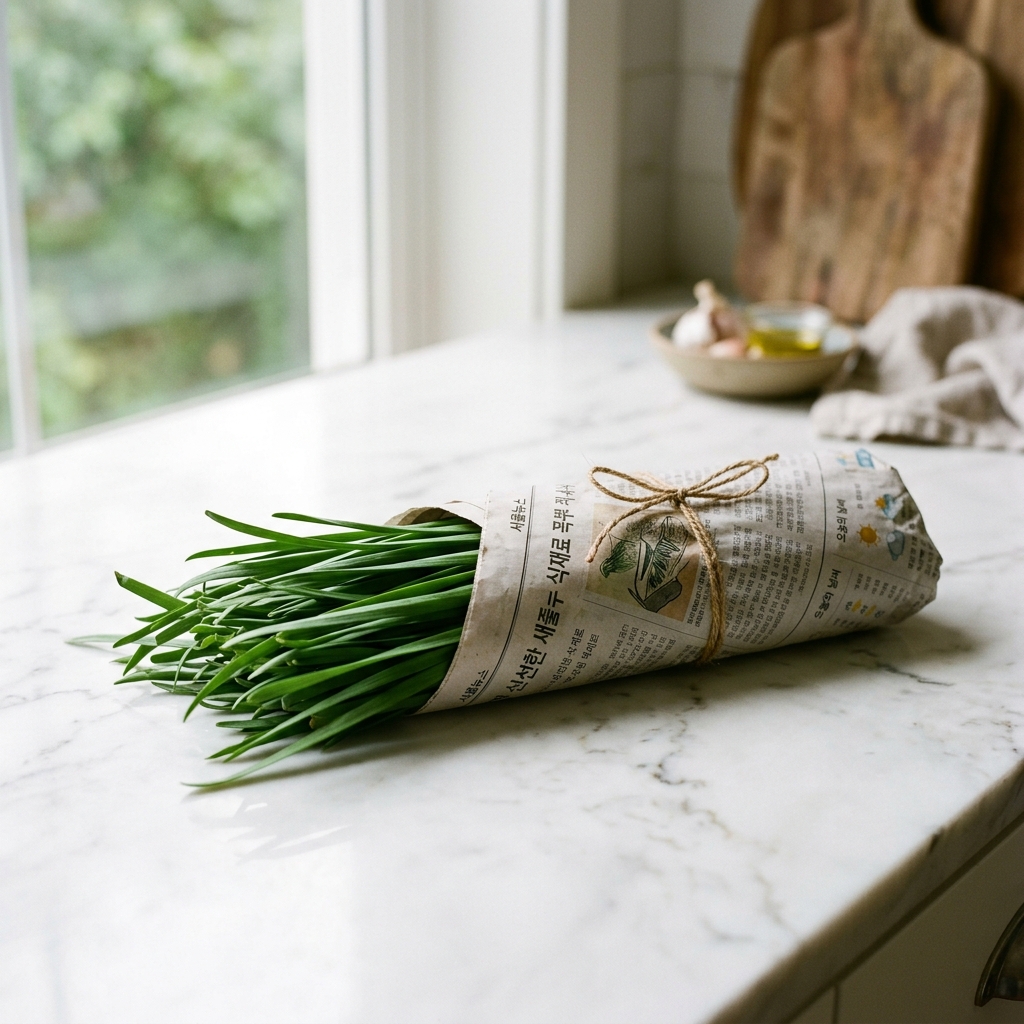 부추 보관법, 물러지기 전에 이렇게 해두면 2주도 거뜬하다 1 신문지로-감싼-신선한-부추-한-단이-주방-조리대-위에-놓인-모습