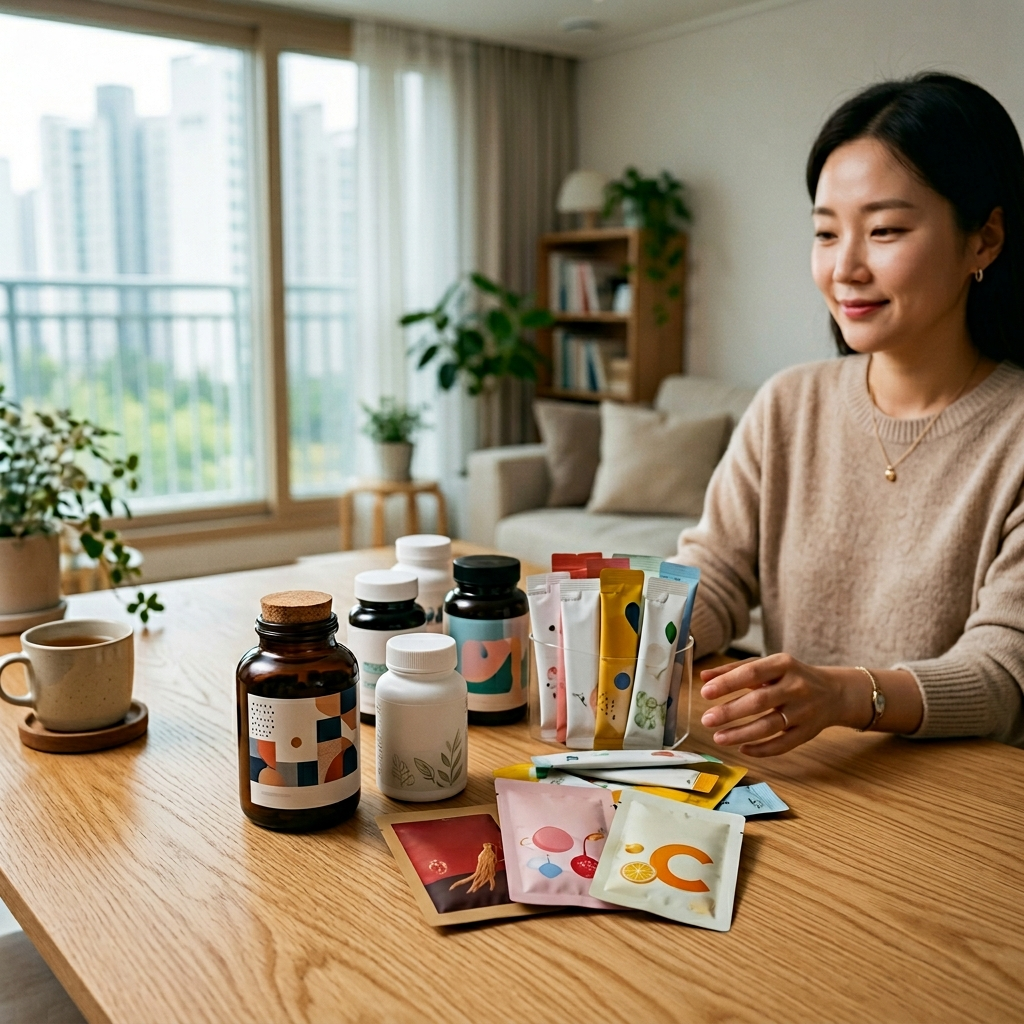 신바이오틱스 뜻을 알아보기 위해 테이블 위에 놓인 다양한 유산균 영양제 제품들