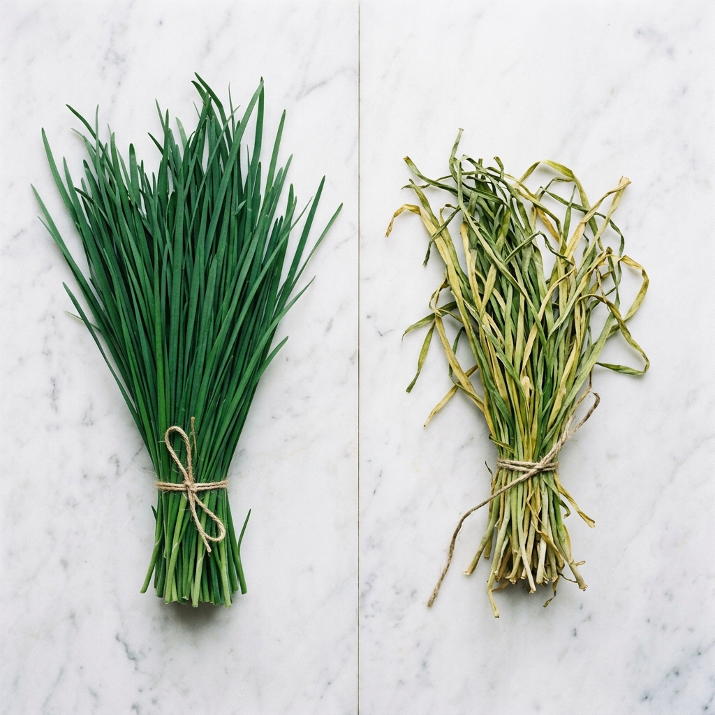 부추 고르는법, 시장에서 실패 안 하려면 이것만 확인하자 2 신선한-부추와-시든-부추의-잎-색깔과-상태-비교