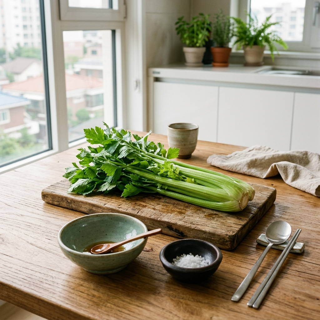 신선한 셀러리 한 단이 한국식 도마 위에 놓여 있는 모습