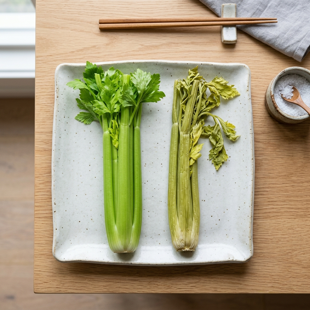 신선한 셀러리와 시든 셀러리를 나란히 비교한 클로즈업