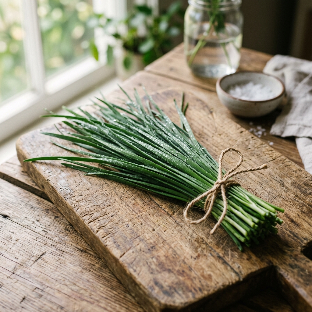 부추와 궁합 좋은 음식, 같이 먹으면 영양이 배가 되는 조합 1 싱싱한-부추와-궁합-좋은-음식-다발이-나무-도마-위에-놓인-모습