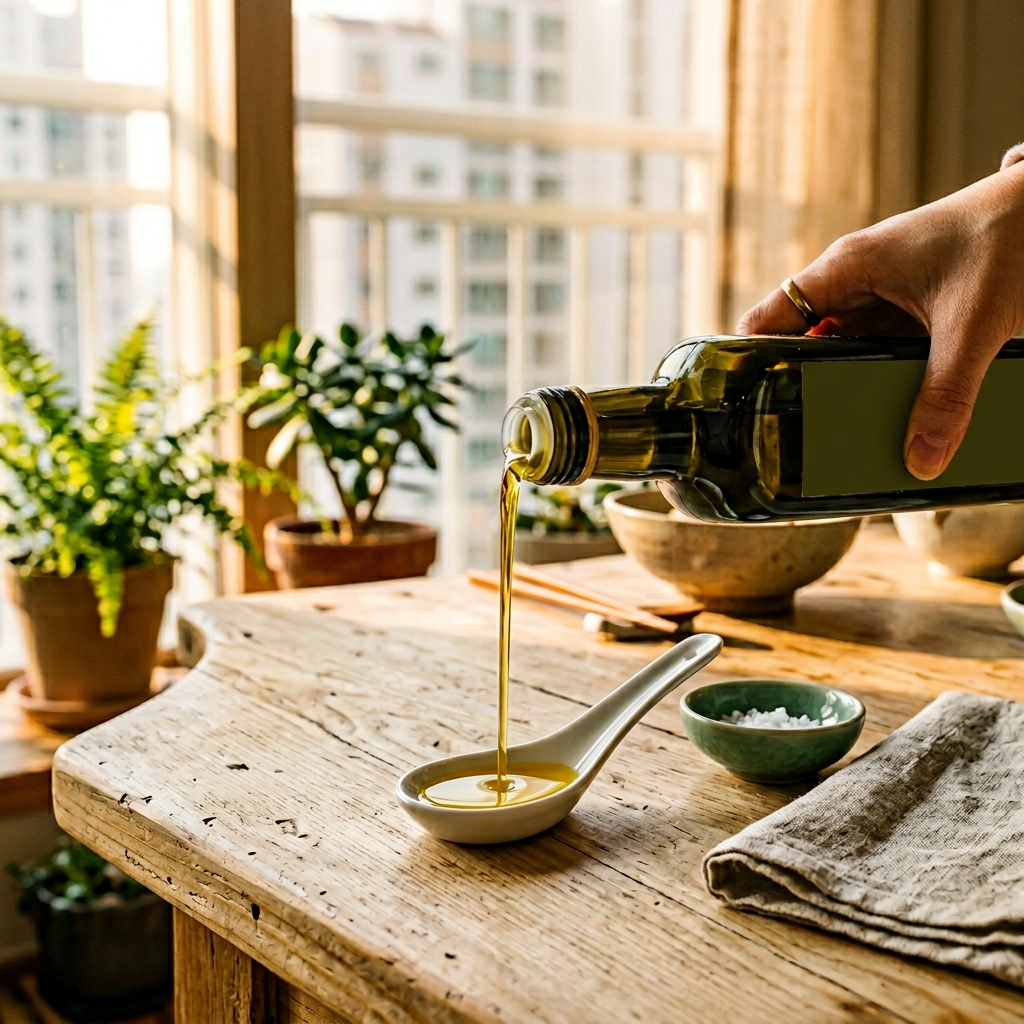 아침 공복에 올리브유 한 스푼을 따르는 모습