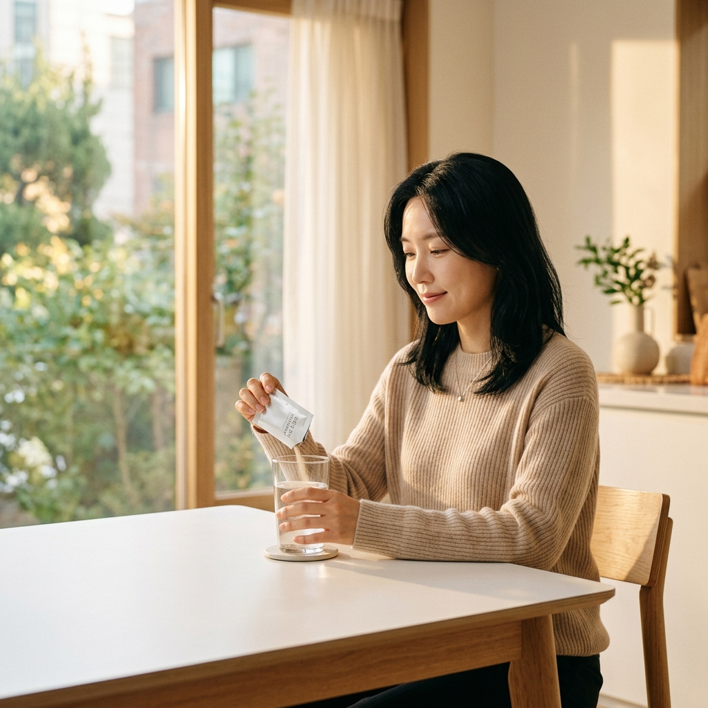 아침-공복에-유산균-분말을-물과-함께-섭취하는-여성