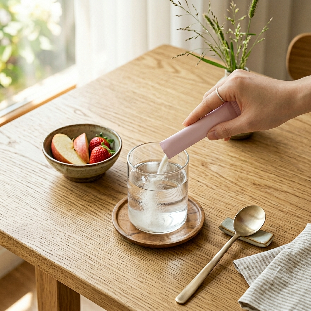 아침 공복에 콜라겐 파우더를 물에 타서 먹는 장면