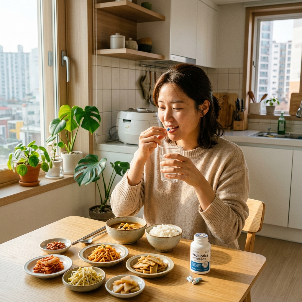 아침 식사 후 유산균 캡슐을 복용하는 한국 여성의 일상