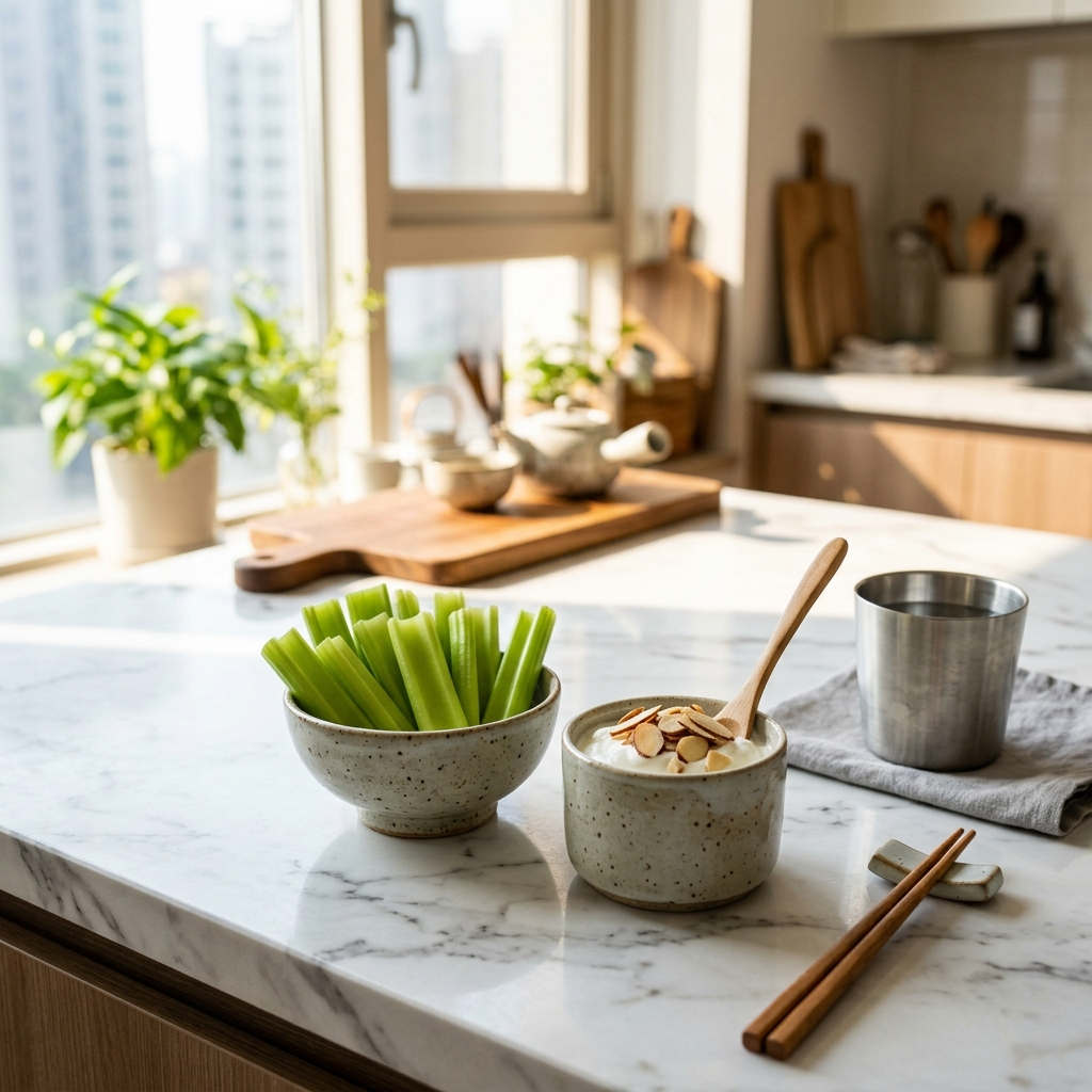 아침 식사로 준비된 샐러리 스틱과 플레인 요거트