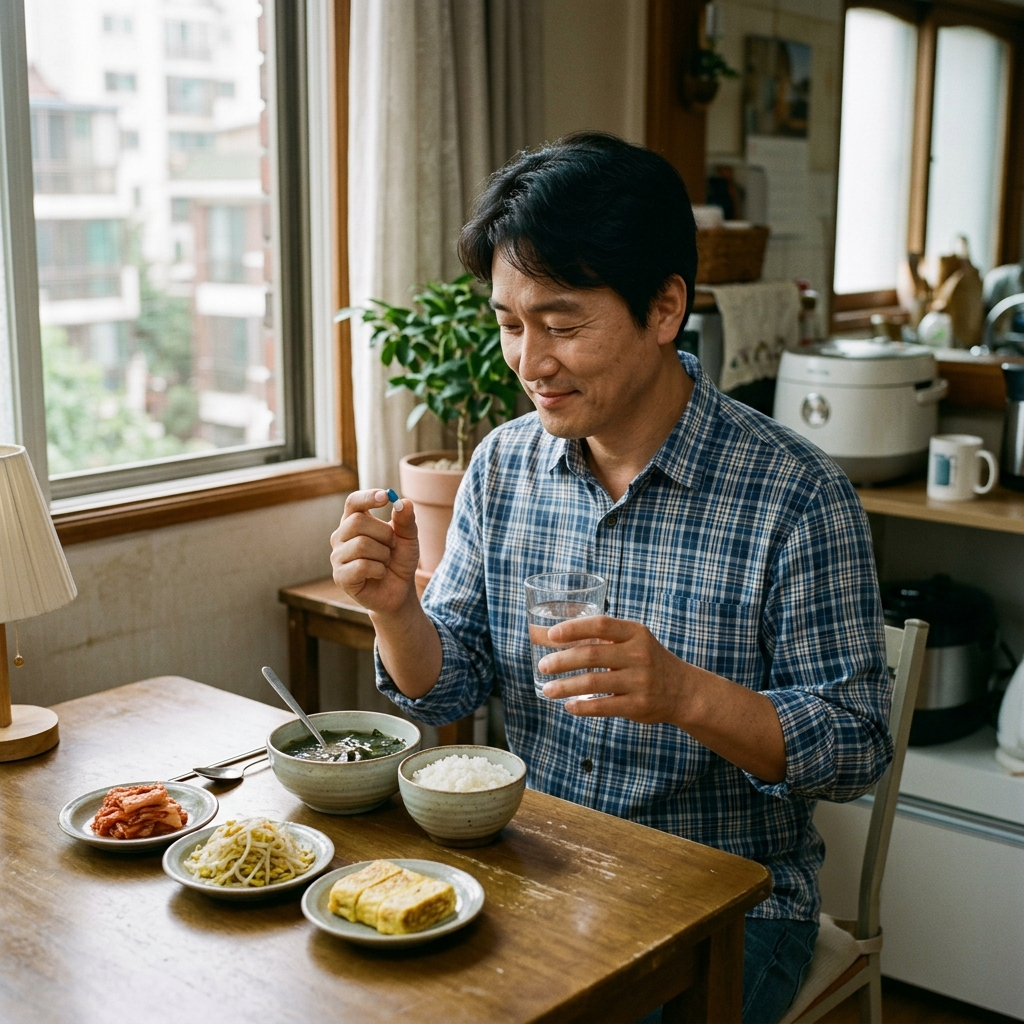 유산균 종류별 차이, 내 몸에 맞는 균주는 어떻게 고를까 4 아침 식사와 함께 유산균 캡슐을 복용하려는 한국 남성