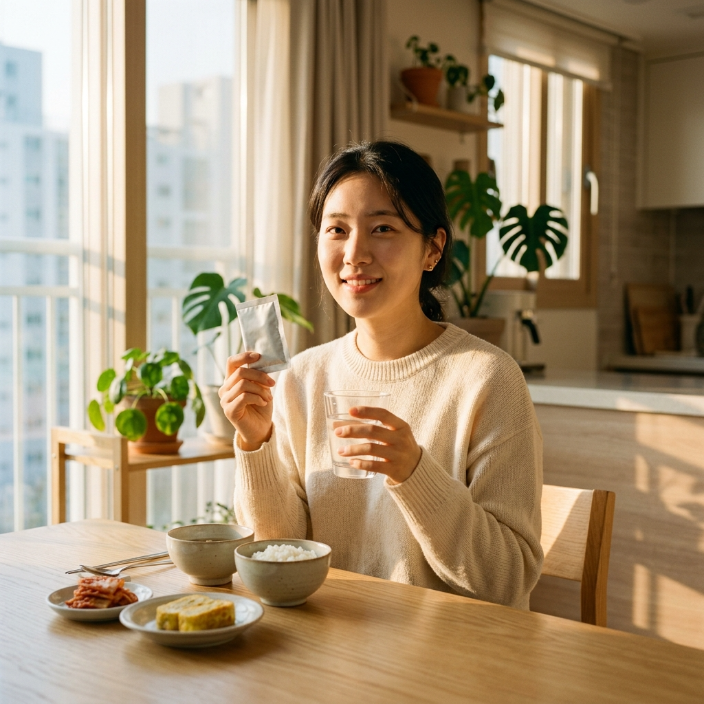 아침 식탁에서 유산균 먹는 시간을 고민하며 물컵을 든 여성