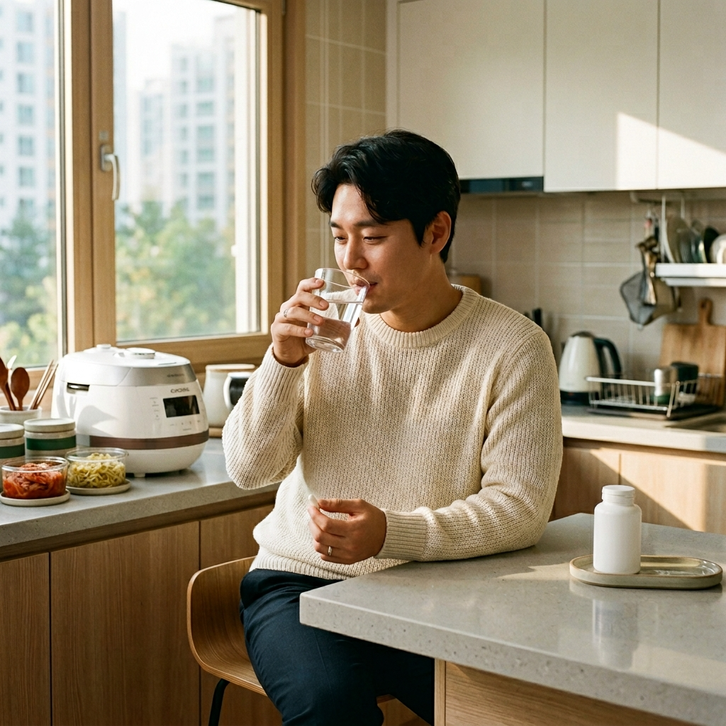 아침에 한국 아파트 주방에서 유산균 캡슐을 물과 함께 복용하는 남성