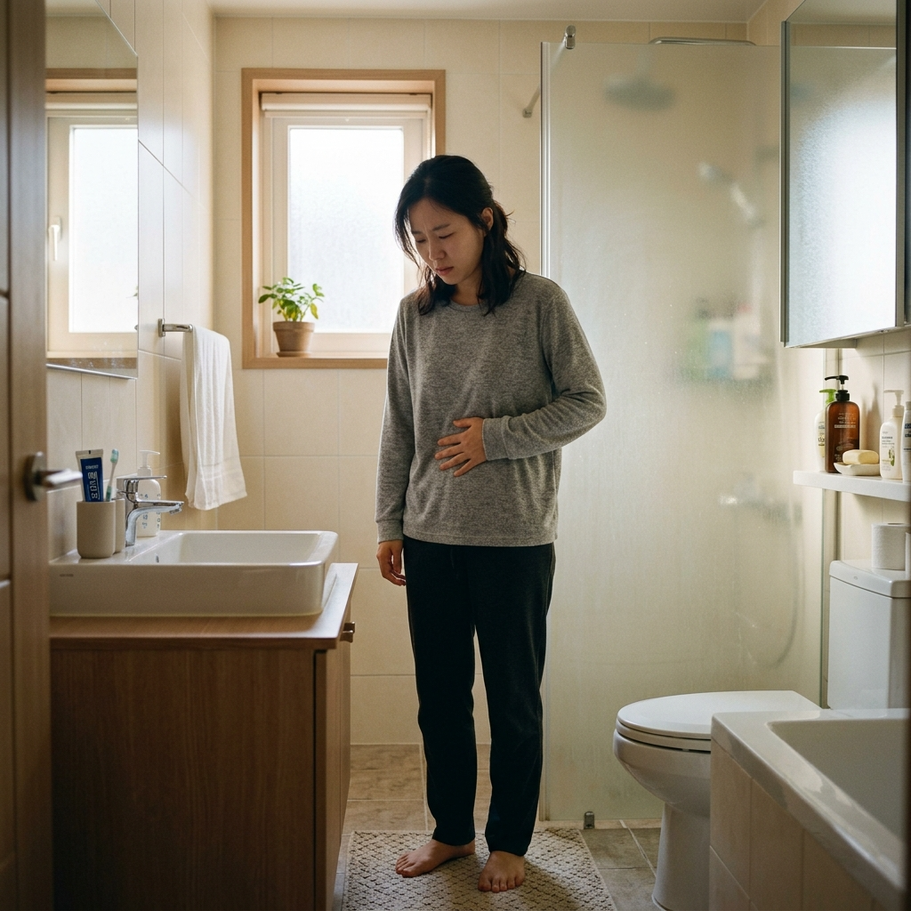 산화마그네슘 변비, 약사도 추천하는 이유와 주의할 점 1 아침에 화장실 앞에서 배를 잡고 불편해하는 한국 여성의 모습