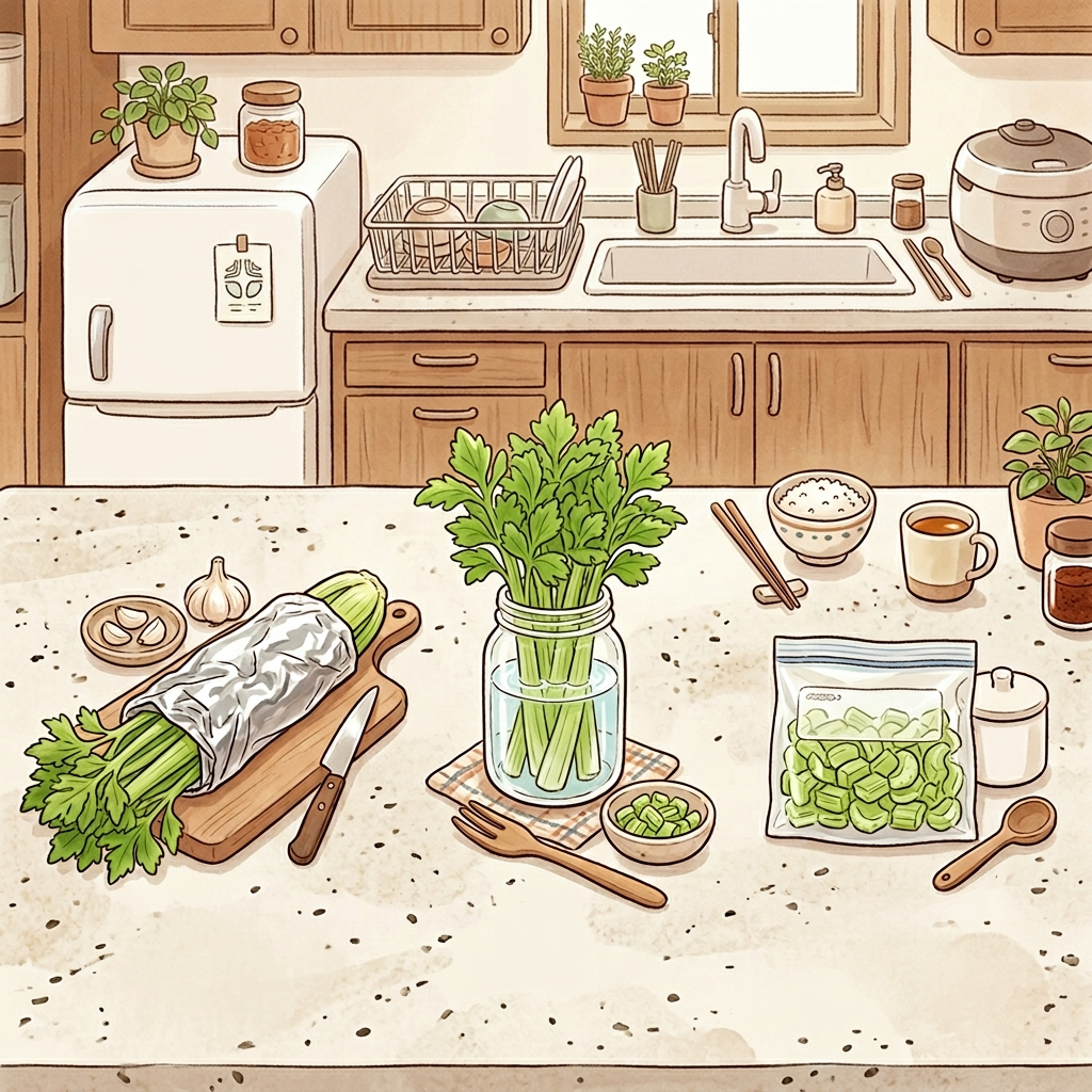 알루미늄 호일, 물 담금, 냉동 세 가지 셀러리 보관 방법을 비교하는 장면