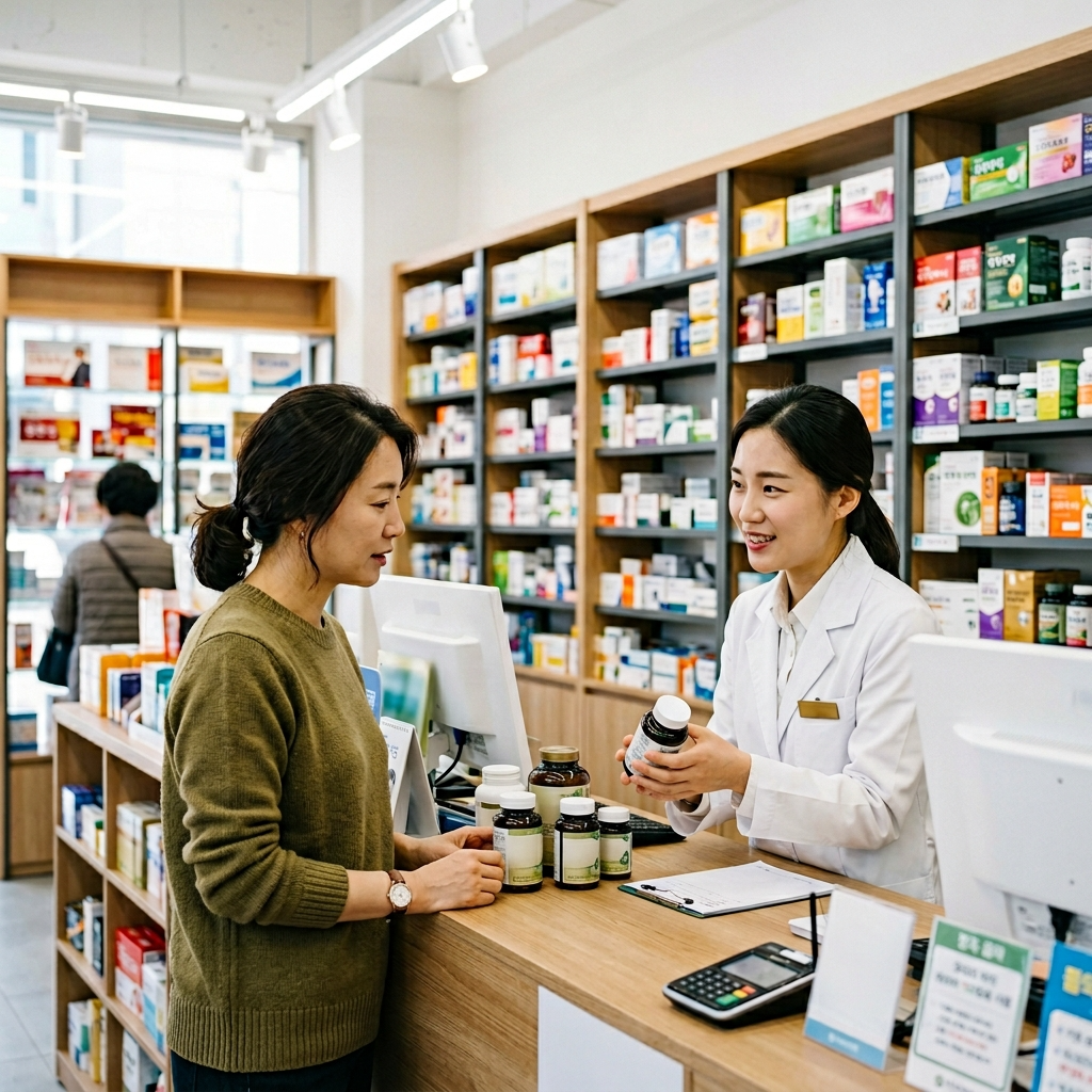 약국에서 약사에게 유산균 과다 복용 관련 상담을 받고 있는 여성