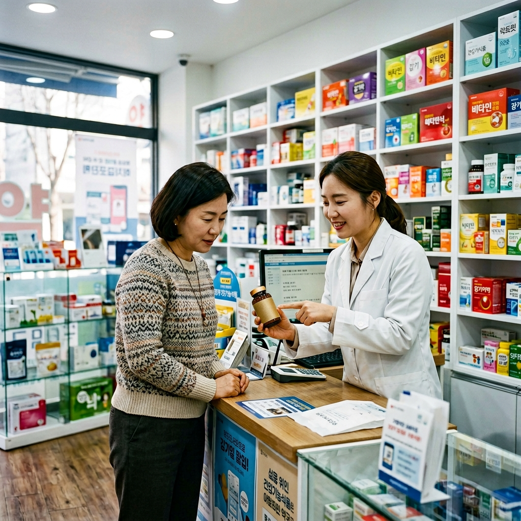 약국에서 약사에게 유산균 제품 상담을 받고 있는 여성