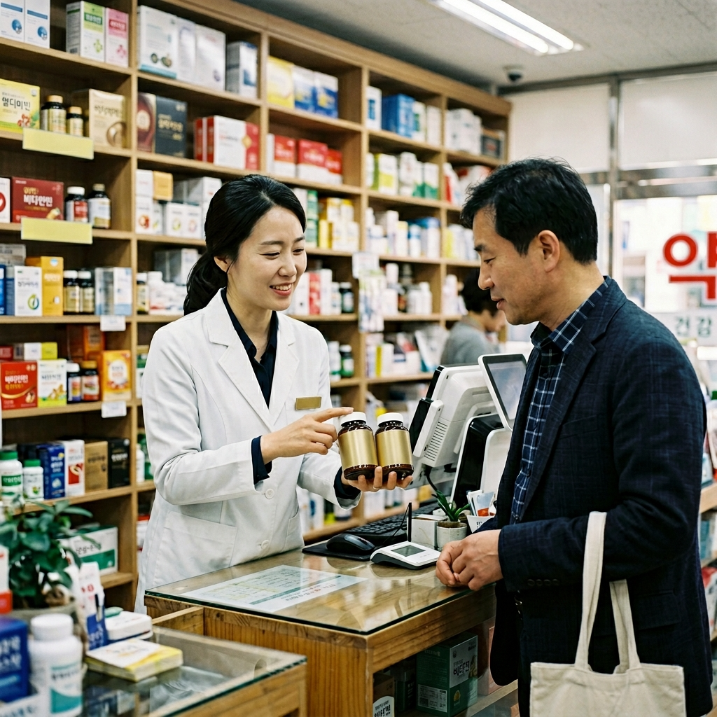약국에서 유산균 제품을 설명하는 한국인 약사와 고객