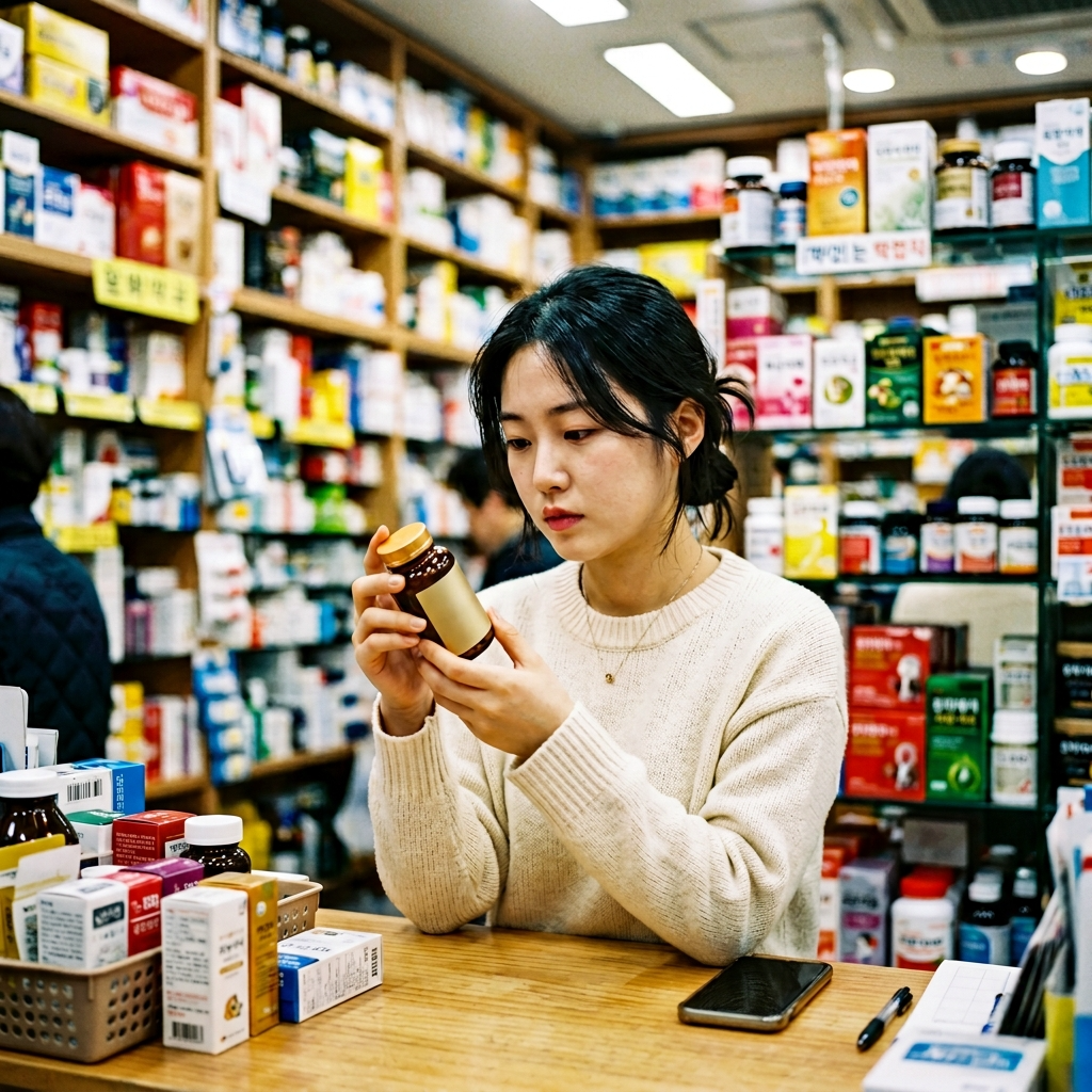 콜라겐 피부 효과 실제로 있나, 논문과 후기로 냉정하게 따져봤다 3 약국에서 콜라겐 영양제 라벨을 읽고 있는 한국 여성