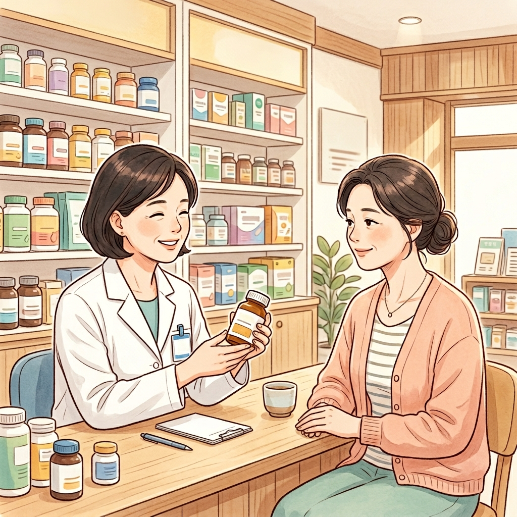 콜라겐 부작용, 먹기 전에 꼭 알아야 할 것들 정리했다 4 약국에서 콜라겐 영양제에 대해 약사 상담을 받는 여성