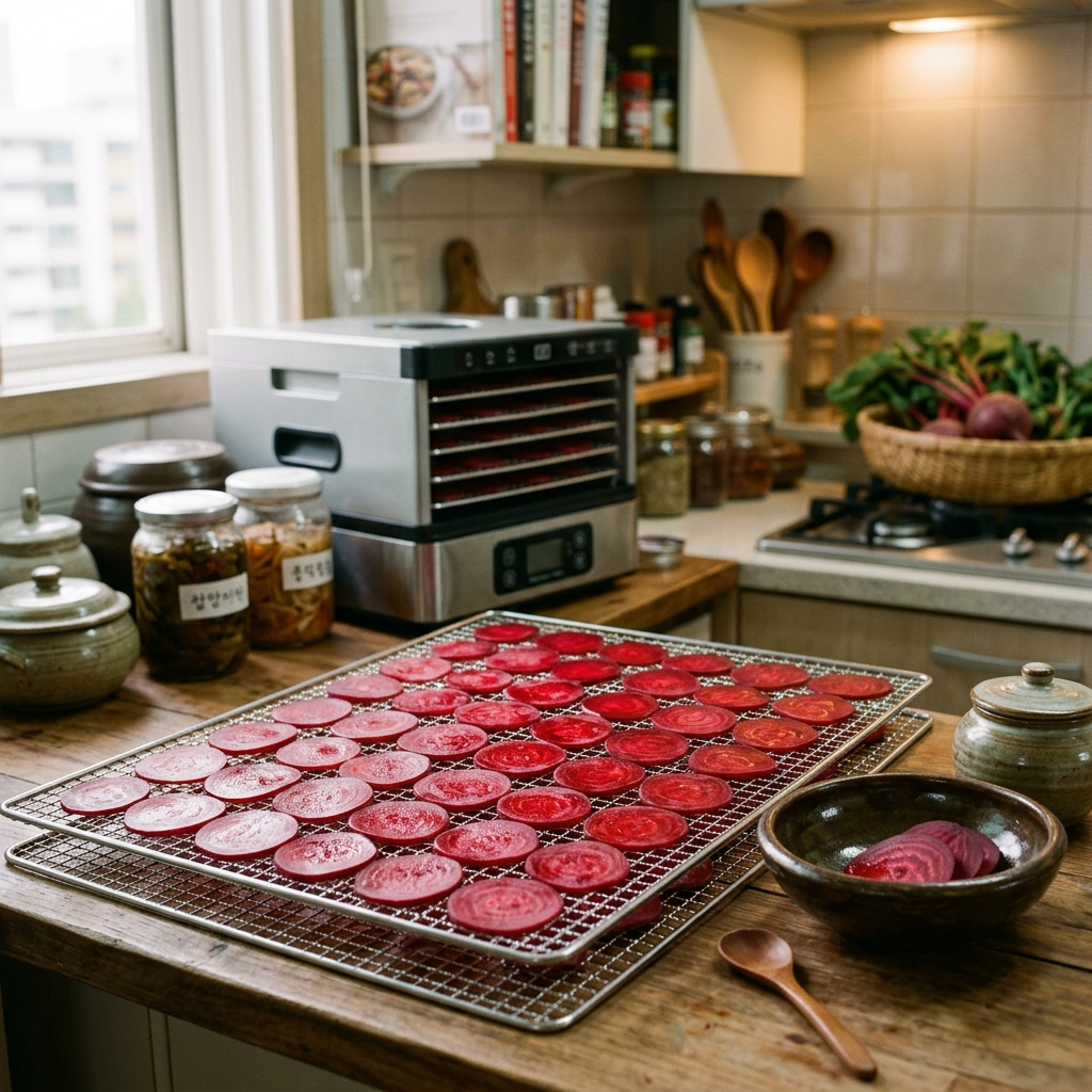 얇게 썬 비트 슬라이스를 건조기에 넣어 말리는 과정