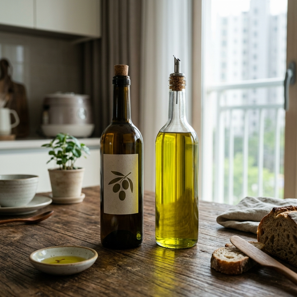 어두운 색 유리병과 투명 유리병에 담긴 올리브유 비교 모습