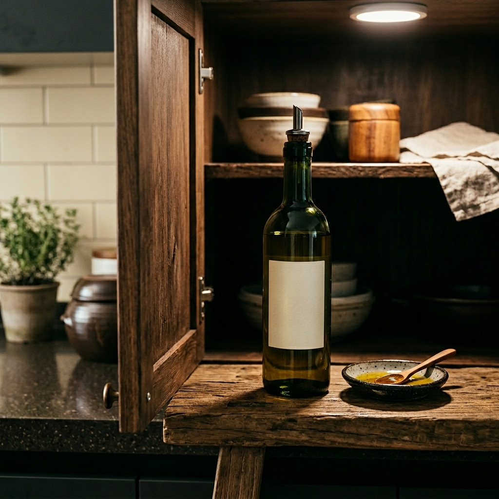 어두운 찬장 안에 보관된 올리브유 병과 한국식 도자기 접시