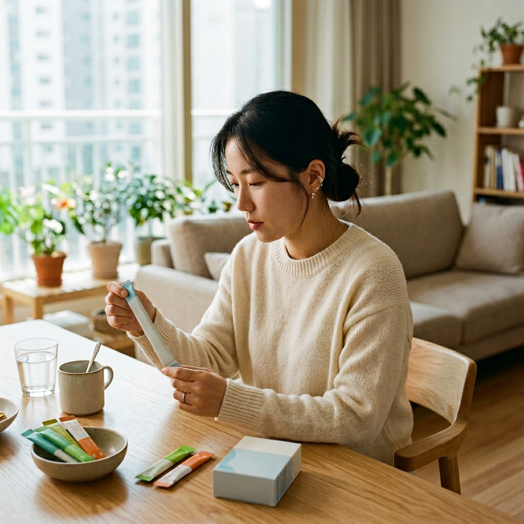 어린이 유산균 고르는법 성분표를 확인하는 한국인 엄마의 모습