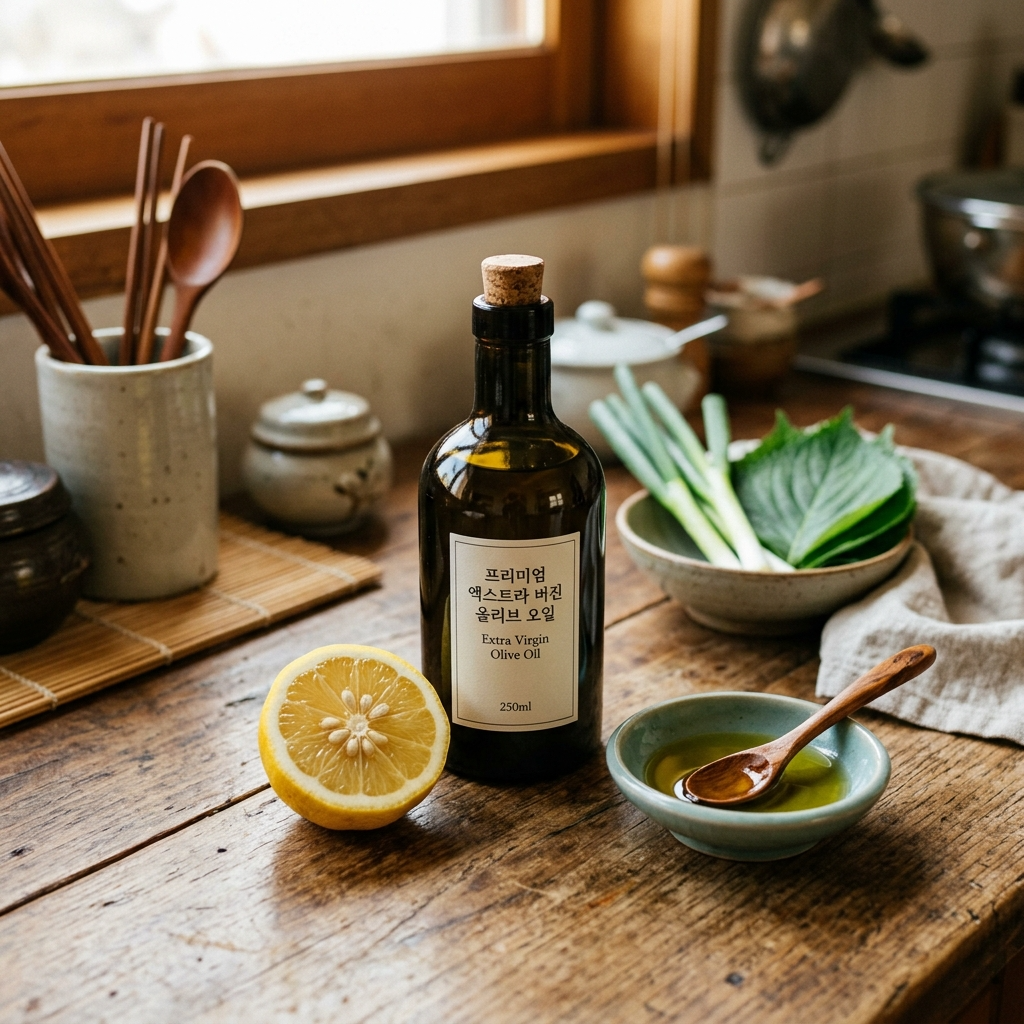 엑스트라 버진 올리브유 병과 레몬이 놓인 한국식 주방 모습