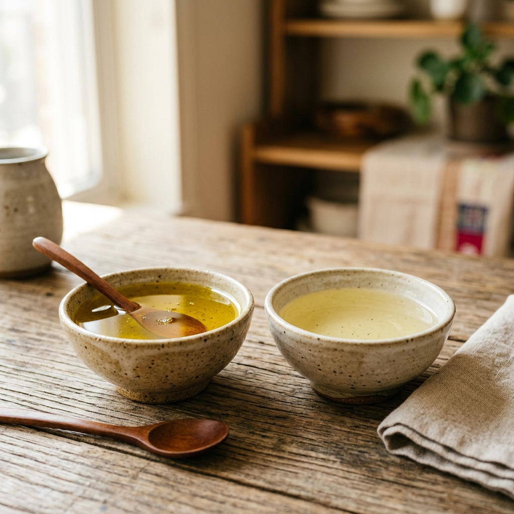 엑스트라버진 올리브유와 정제 올리브유를 나란히 비교한 모습