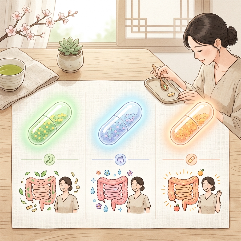 여성 질 유산균 균주별 특징을 비교하는 일러스트