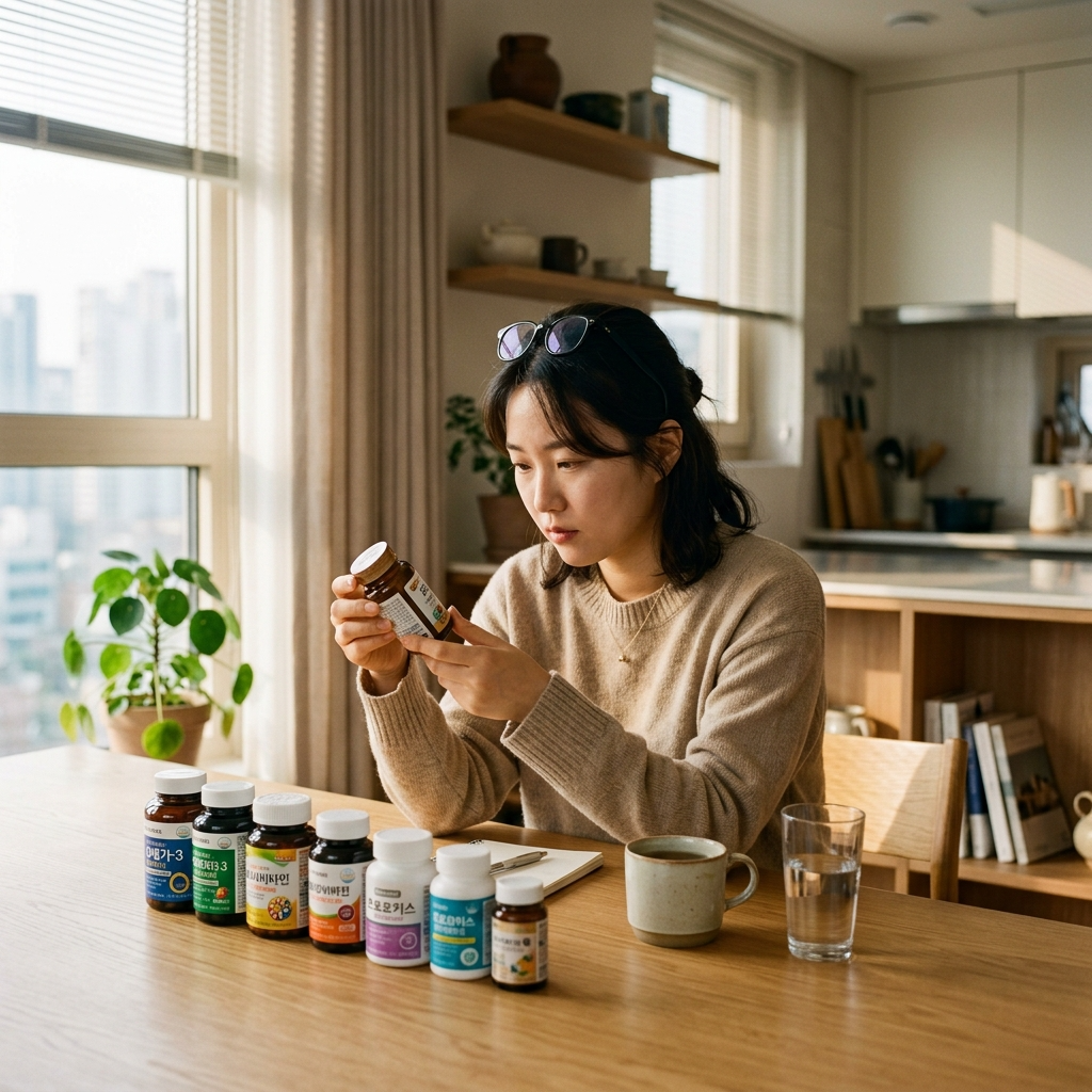 여성 질 유산균 효과 고르는법 제품 라벨을 확인하고 있는 한국 여성