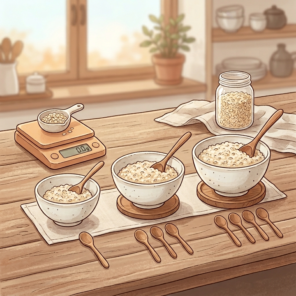 오트밀 칼로리 한스푼, 생각보다 적을까 많을까 4 오트밀 스푼별 분량을 한국 도자기 그릇에 각각 담아 비교한 일러스트