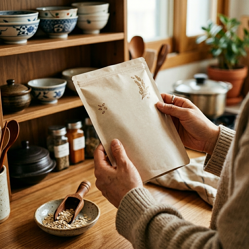 오트밀 포장 뒷면 라벨을 꼼꼼히 확인하는 귀리 오트밀 고르는법 장면
