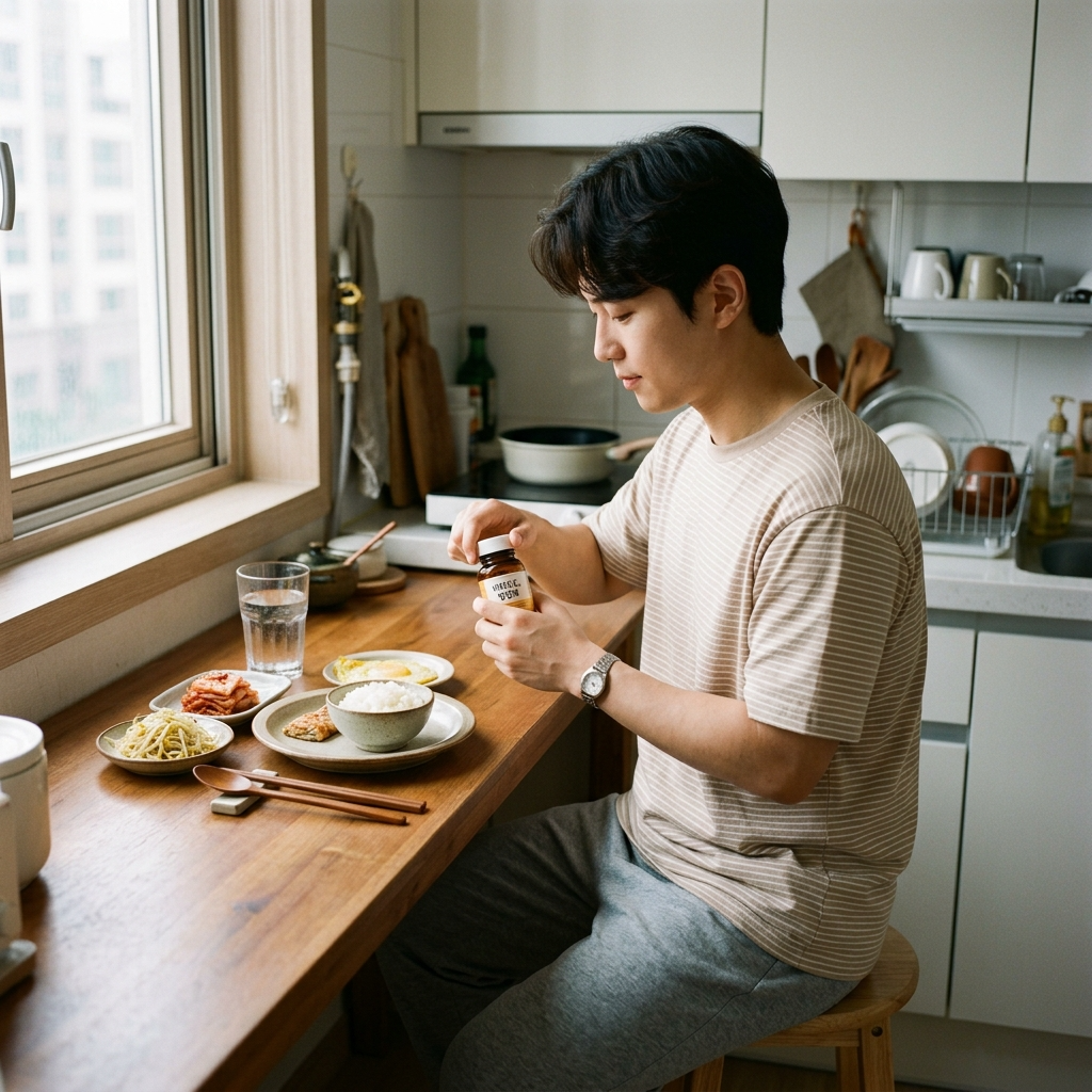 콜라겐 관절 효과, 피부 말고 무릎에도 진짜 도움이 될까 3 오피스텔 주방에서 아침 공복에 콜라겐 캡슐을 꺼내는 한국 남성
